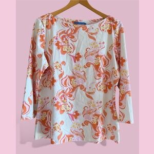 Women's‎ J. McLaughlin Scoop Neck 3/4 White/Pink/Yellow/Orange Stretchy L Top